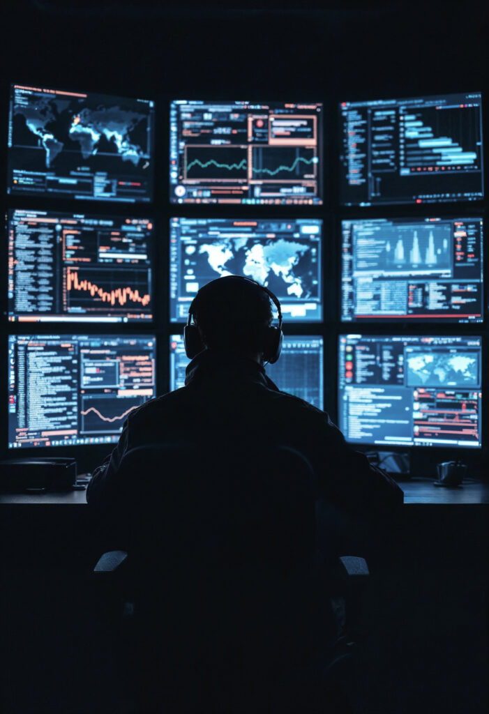 Profissional monitorando dados de segurança em telas